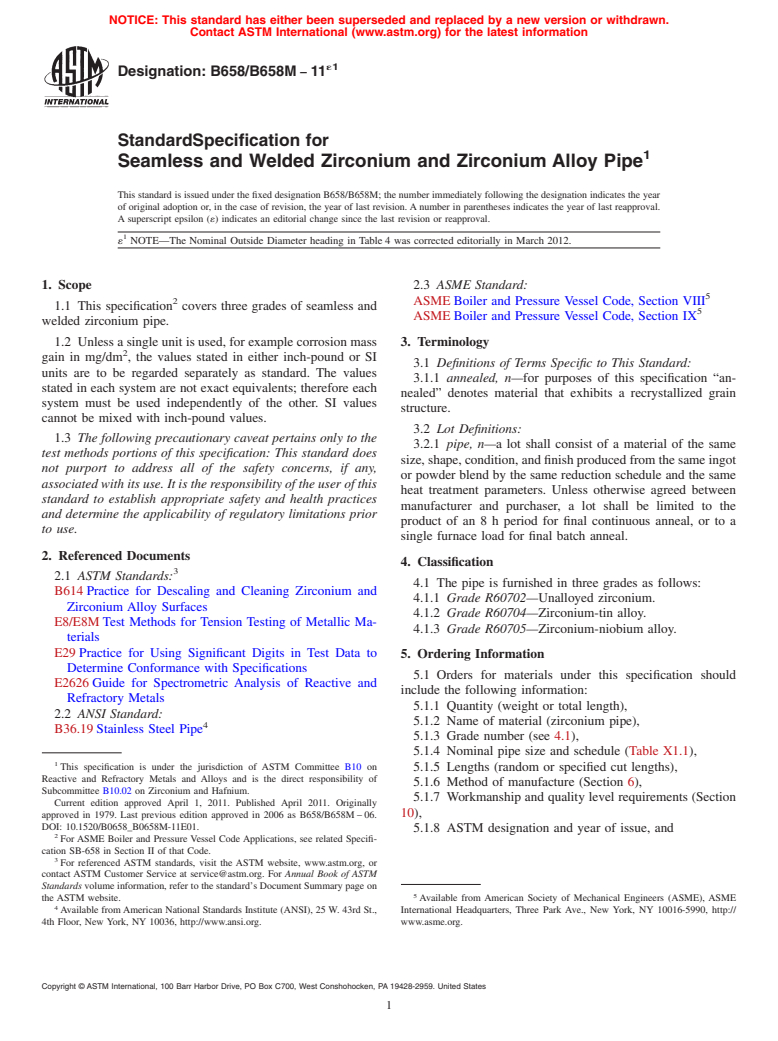 ASTM B658/B658M-11e1 - Standard Specification for Seamless and Welded Zirconium and Zirconium Alloy Pipe
