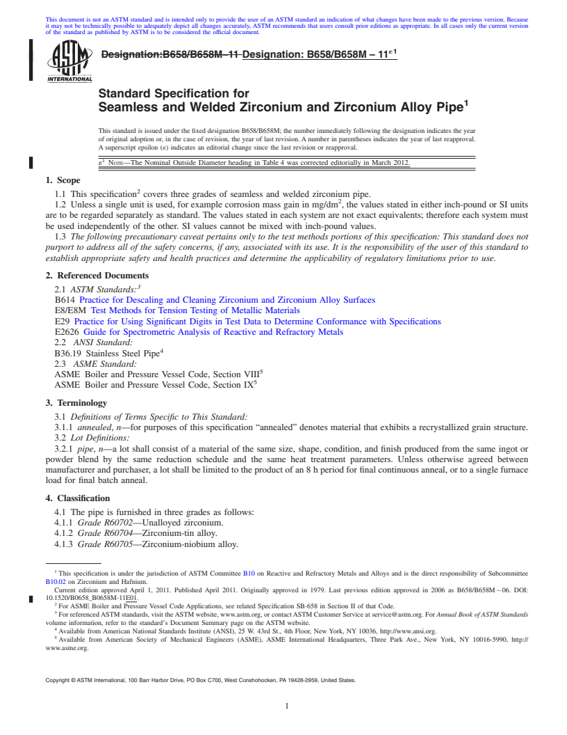 REDLINE ASTM B658/B658M-11e1 - Standard Specification for Seamless and Welded Zirconium and Zirconium Alloy Pipe