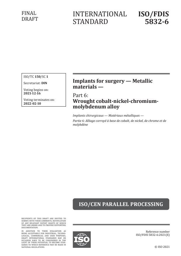 ISO/FDIS 5832-6 - Implants for surgery -- Metallic materials