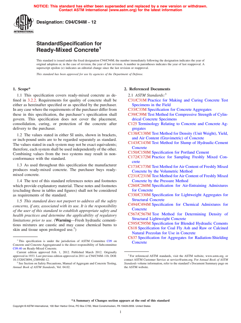 ASTM C94/C94M-12 - Standard Specification for  Ready-Mixed Concrete