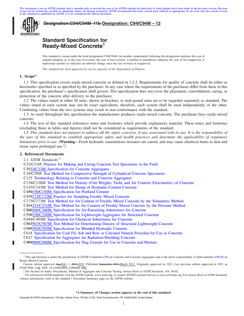 REDLINE ASTM C94/C94M-12 - Standard Specification for  Ready-Mixed Concrete