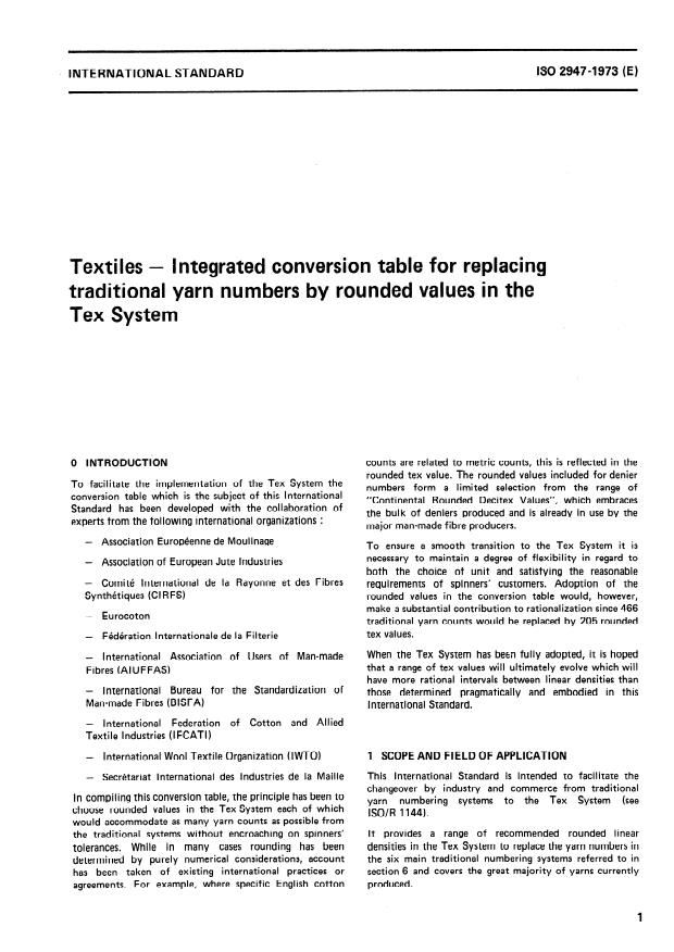 ISO 2947:1973 - Textiles -- Integrated conversion table for replacing traditional yarn numbers by rounded values in the Tex System
