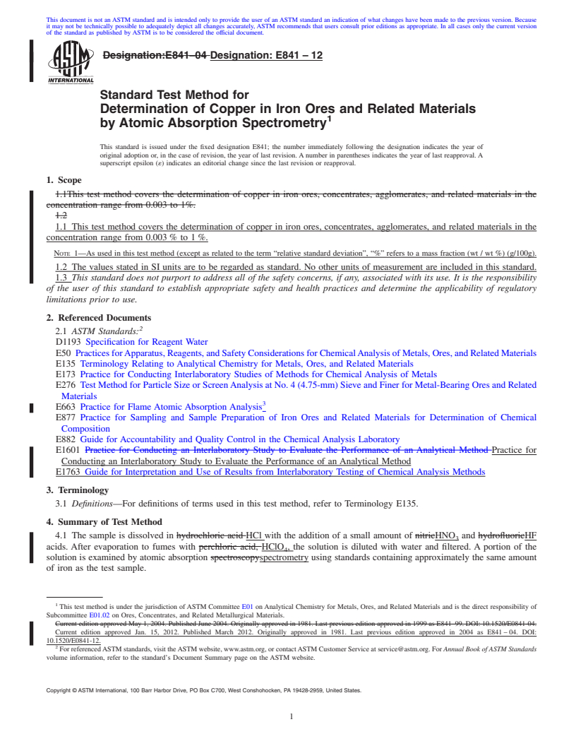 REDLINE ASTM E841-12 - Standard Test Method for  Determination of Copper in Iron Ores and Related Materials by Atomic Absorption Spectrometry