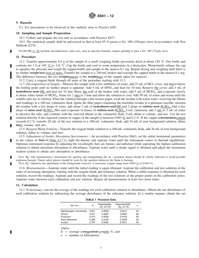 REDLINE ASTM E841-12 - Standard Test Method for  Determination of Copper in Iron Ores and Related Materials by Atomic Absorption Spectrometry