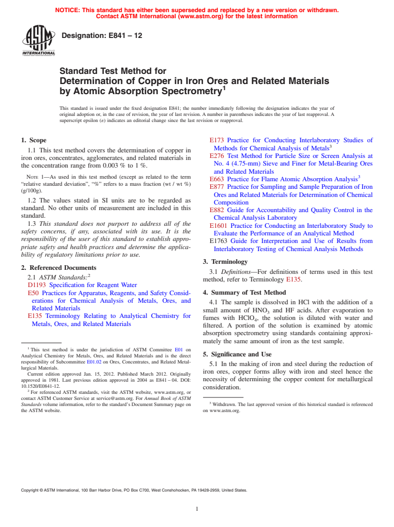 ASTM E841-12 - Standard Test Method for  Determination of Copper in Iron Ores and Related Materials by Atomic Absorption Spectrometry