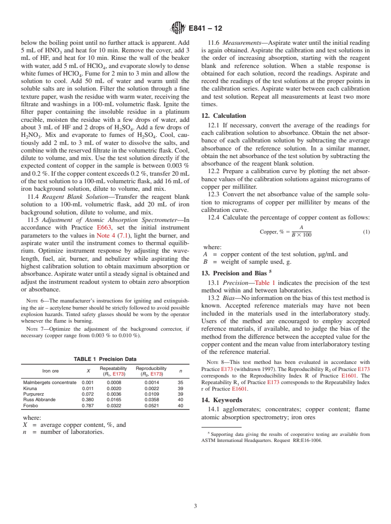 ASTM E841-12 - Standard Test Method for  Determination of Copper in Iron Ores and Related Materials by Atomic Absorption Spectrometry