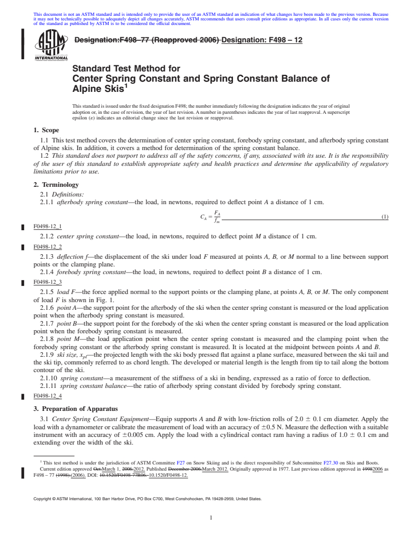 REDLINE ASTM F498-12 - Standard Test Method for  Center Spring Constant and Spring Constant Balance of Alpine Skis