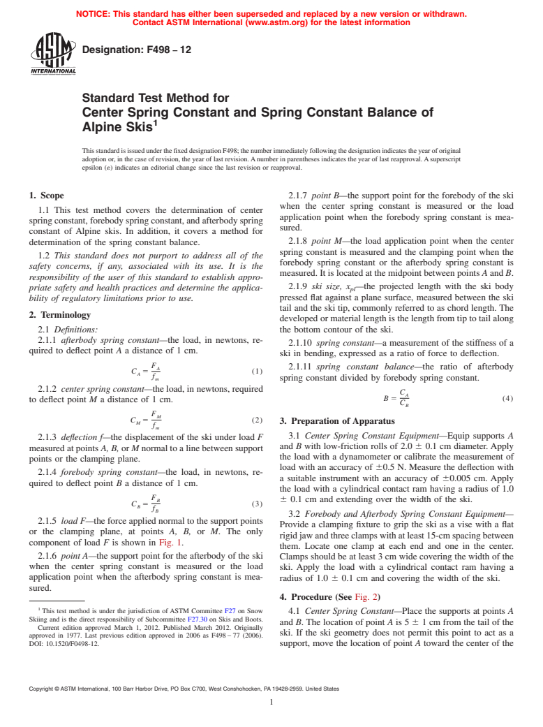 ASTM F498-12 - Standard Test Method for  Center Spring Constant and Spring Constant Balance of Alpine Skis