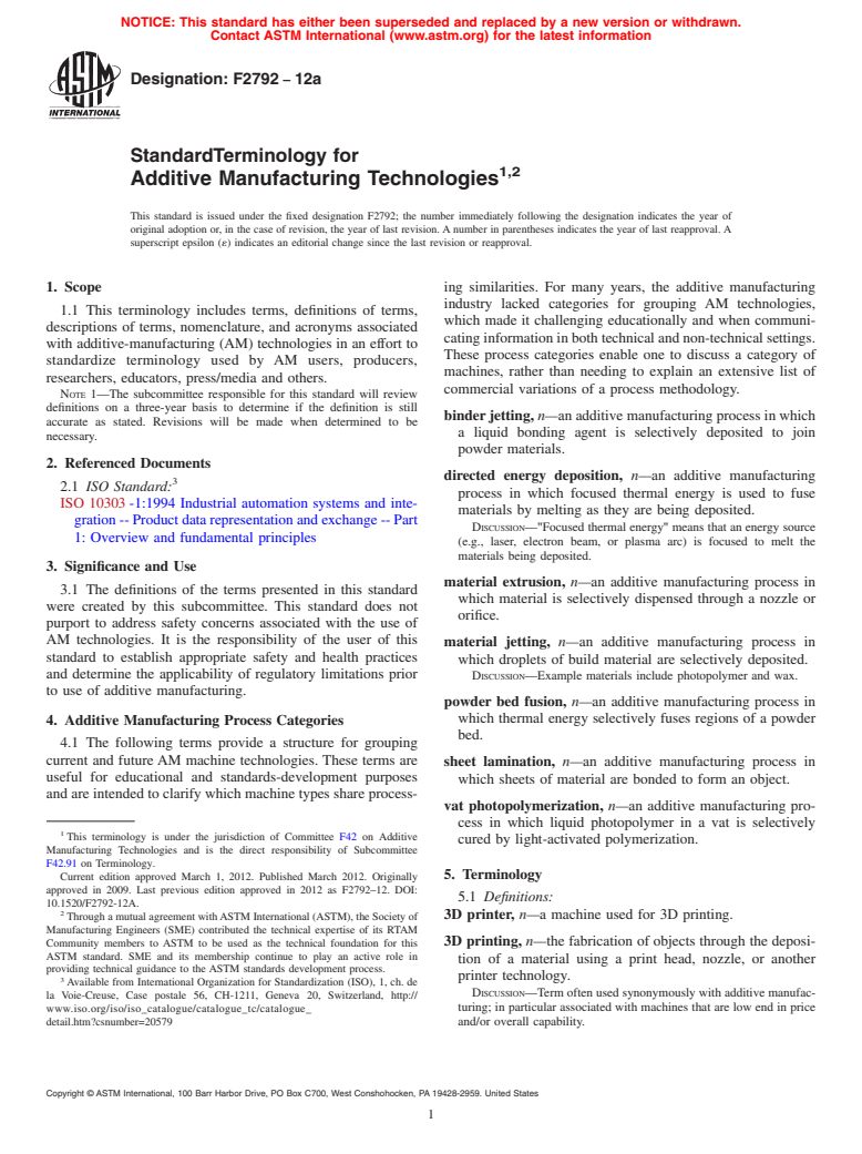 ASTM F2792-12a - Standard Terminology for Additive Manufacturing Technologies<sup>,</sup> (Withdrawn 2015)