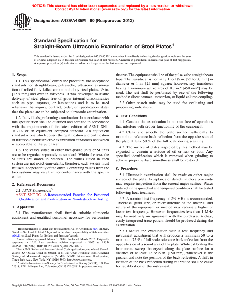 ASTM A435/A435M-90(2012) - Standard Specification for  Straight-Beam Ultrasonic Examination of Steel Plates