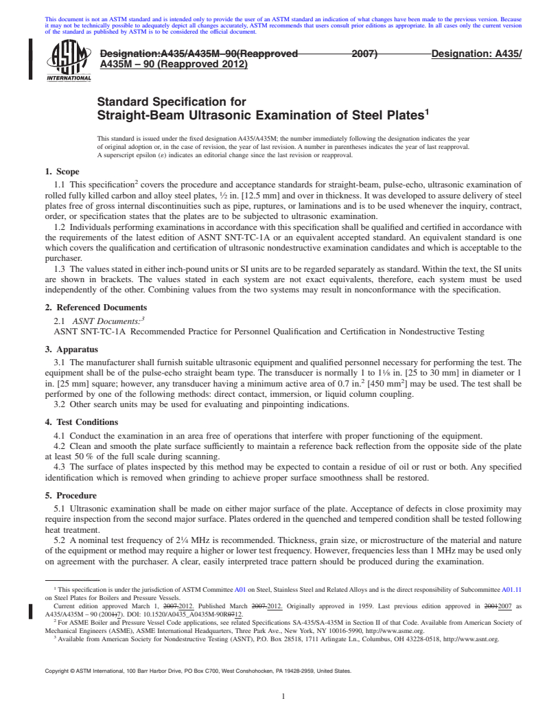 REDLINE ASTM A435/A435M-90(2012) - Standard Specification for  Straight-Beam Ultrasonic Examination of Steel Plates