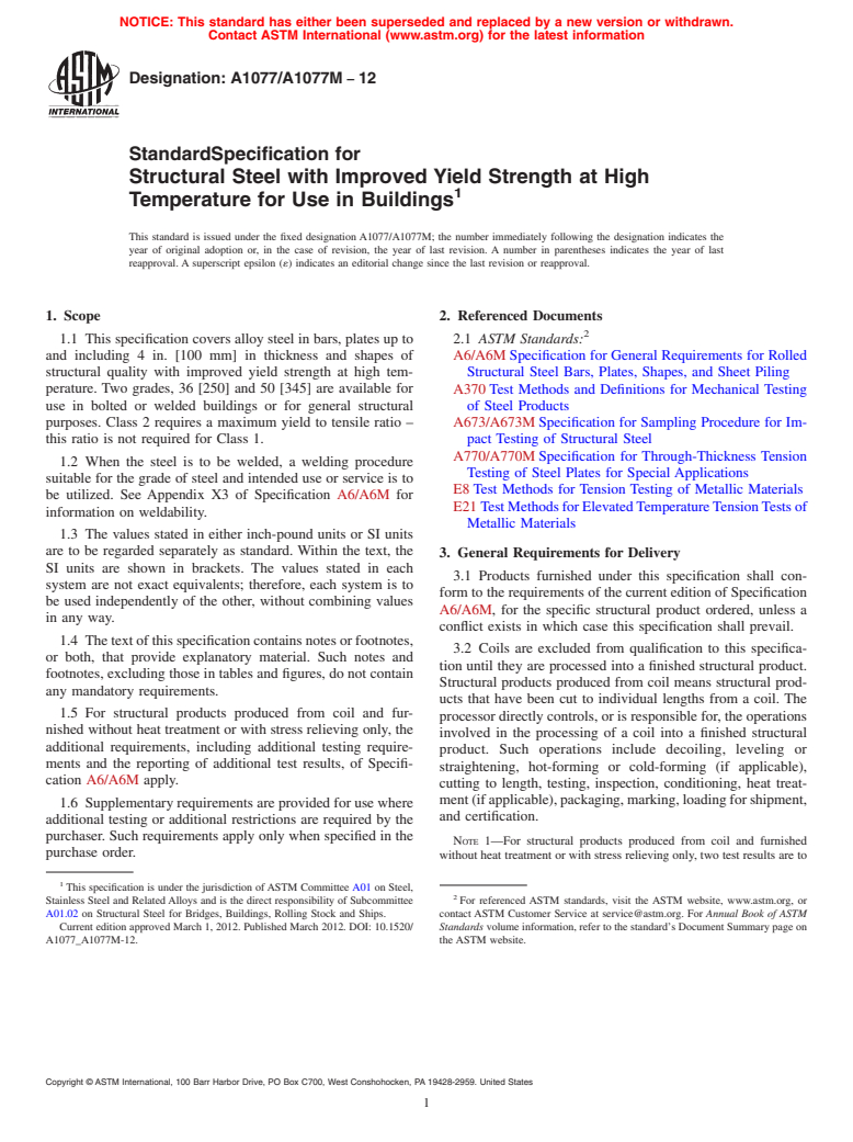 ASTM A1077/A1077M-12 - Standard Specification for Structural Steel with Improved Yield Strength at High Temperature for Use in Buildings