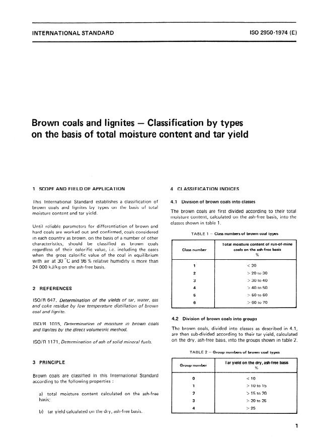 ISO 2950:1974 - Brown coals and lignites -- Classification by types on the basis of total moisture content and tar yield