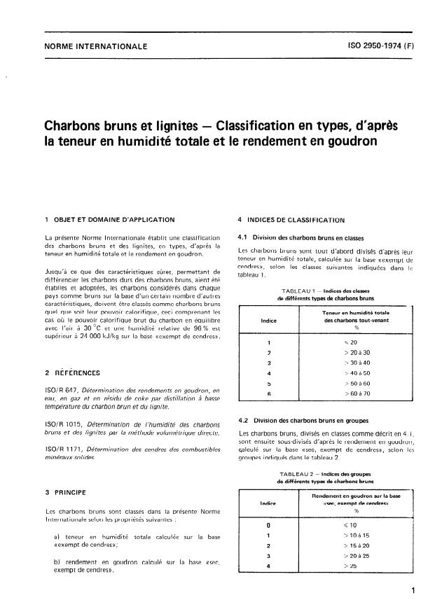 ISO 2950:1974 - Charbons bruns et lignites -- Classification en types, d'apres la teneur en humidité totale et le rendement en goudron