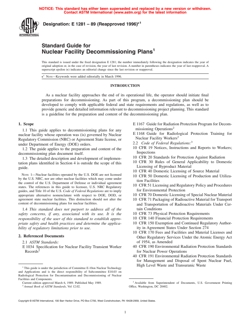 ASTM E1281-89(1996)e1 - Standard Guide for Nuclear Facility Decommissioning Plans