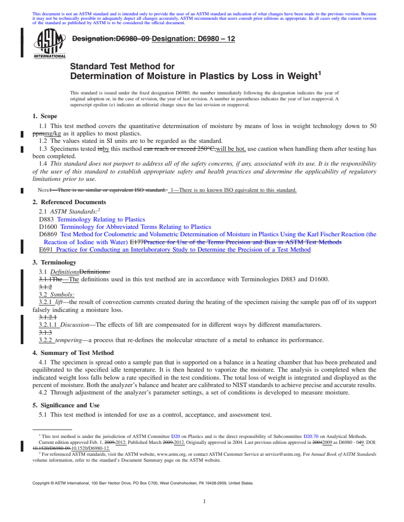 REDLINE ASTM D6980-12 - Standard Test Method for Determination of Moisture in Plastics by Loss in Weight