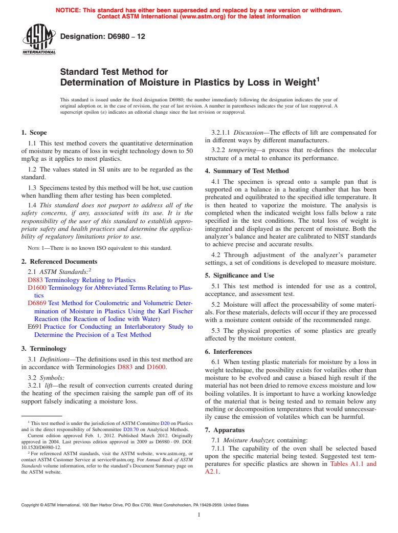 ASTM D6980-12 - Standard Test Method for Determination of Moisture in Plastics by Loss in Weight