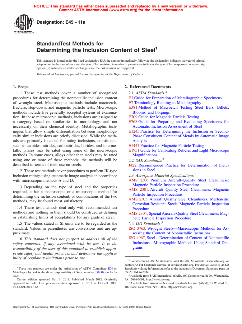 ASTM E45-11a - Standard Test Methods for  Determining the Inclusion Content of Steel