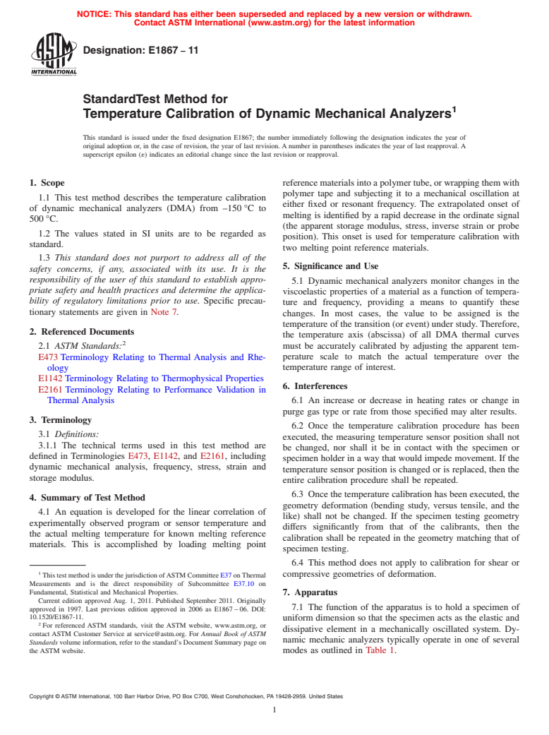 ASTM E1867-11 - Standard Test Method for Temperature Calibration of Dynamic Mechanical Analyzers