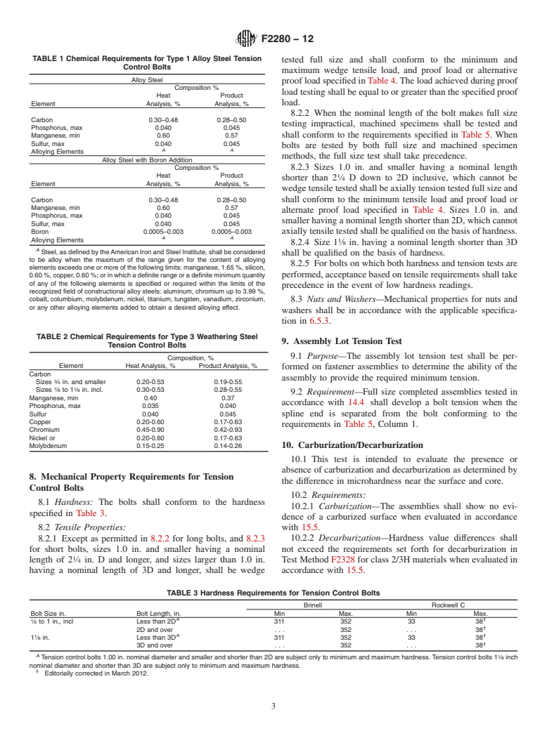 ASTM F2280-12 - Standard Specification for &ldquo;Twist Off&rdquo; Type Tension Control Structural Bolt/Nut/Washer   Assemblies, Steel, Heat Treated, 150 ksi Minimum Tensile Strength