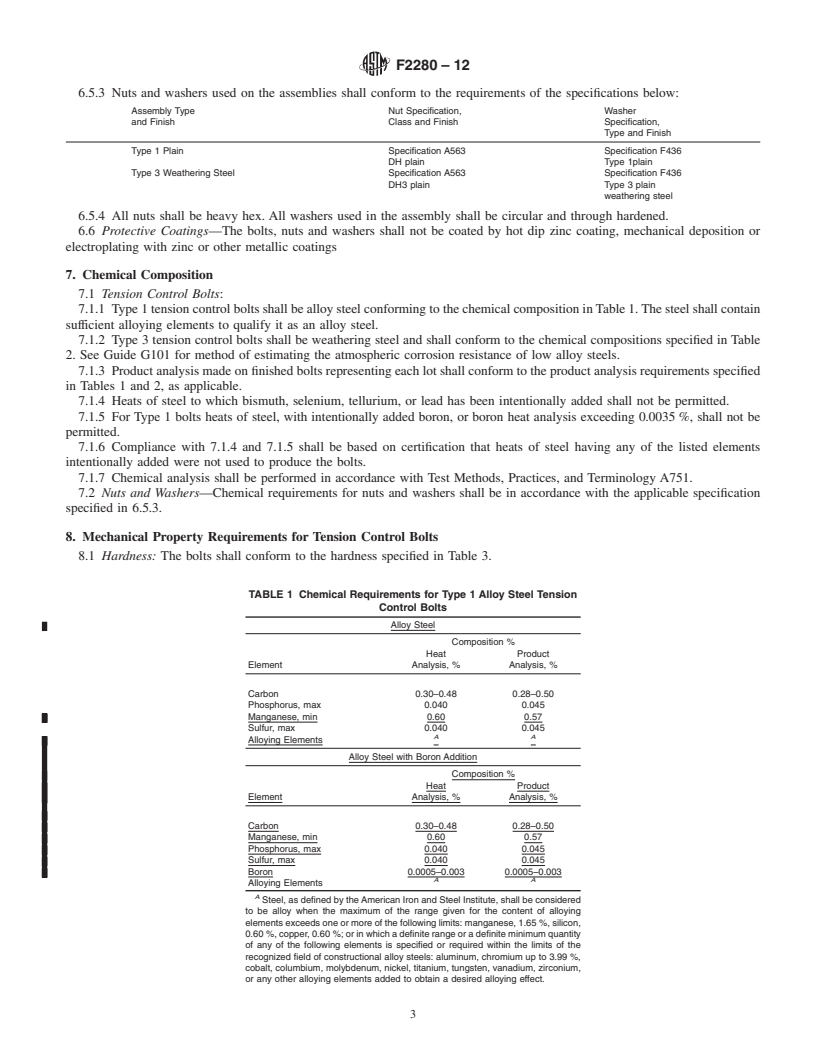 REDLINE ASTM F2280-12 - Standard Specification for &ldquo;Twist Off&rdquo; Type Tension Control Structural Bolt/Nut/Washer   Assemblies, Steel, Heat Treated, 150 ksi Minimum Tensile Strength