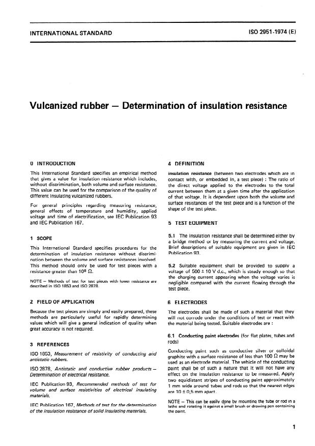 ISO 2951:1974 - Vulcanized rubber -- Determination of insulation resistance