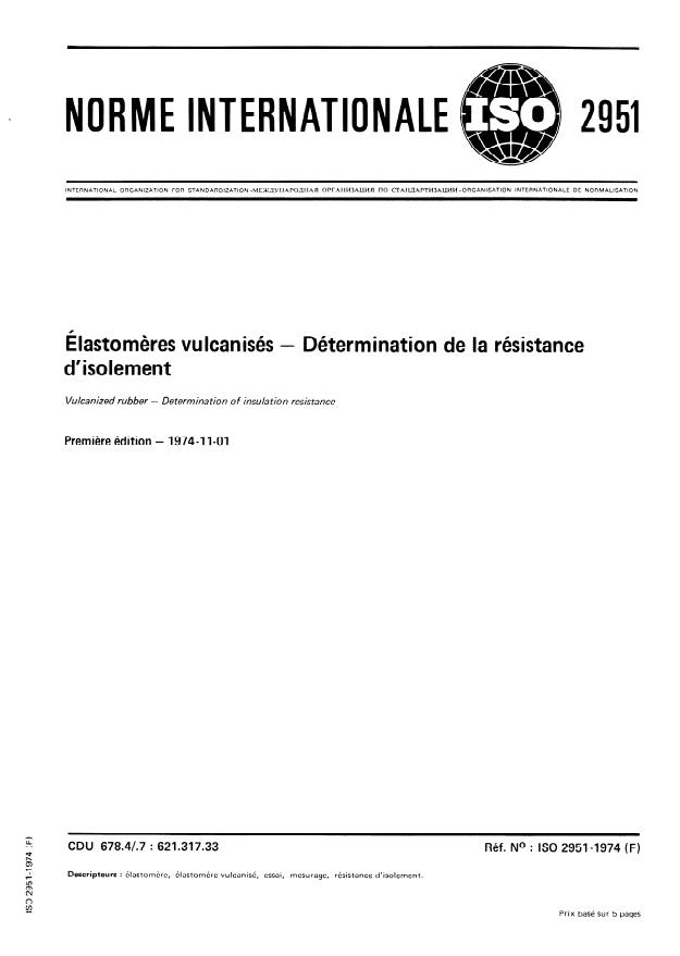 ISO 2951:1974 - Élastomeres vulcanisés -- Détermination de la résistance d'isolement