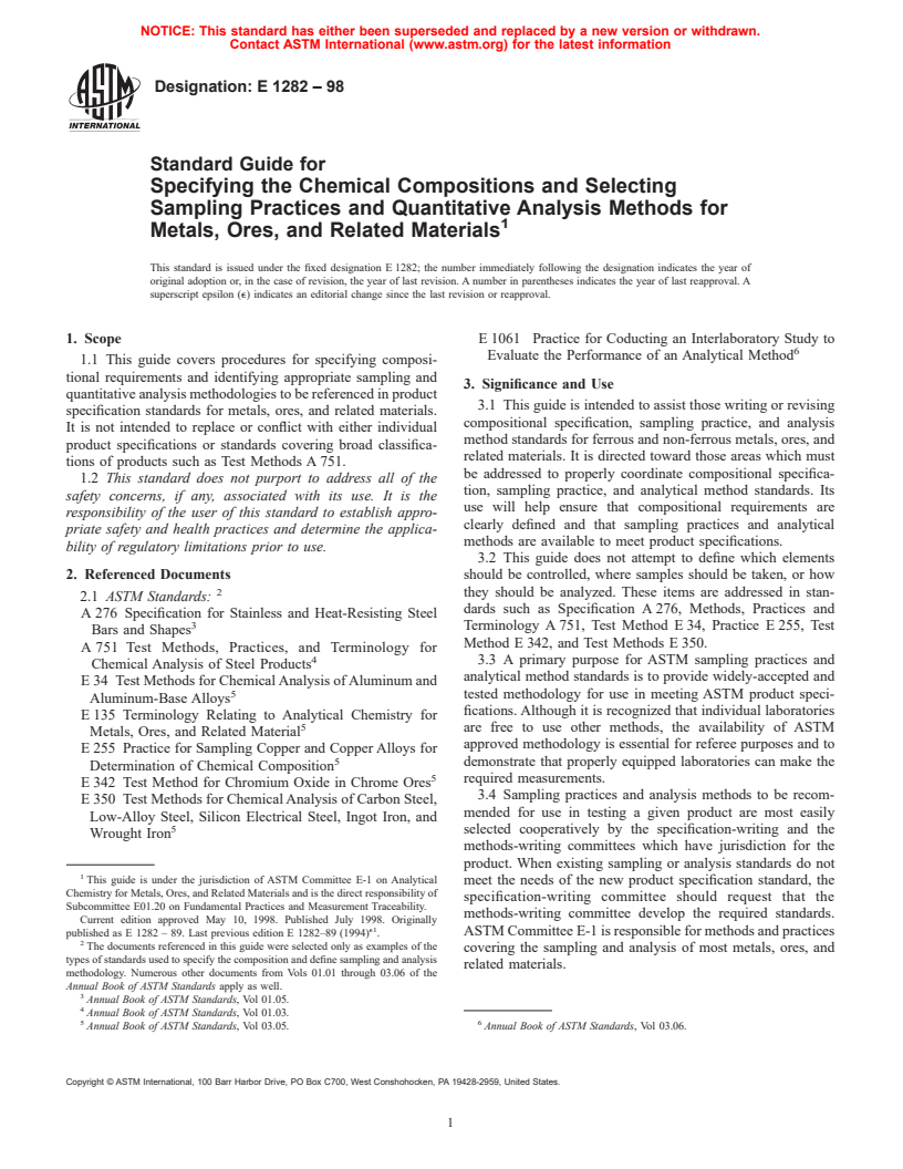 ASTM E1282-98 - Standard Guide for Specifying the Chemical Compositions and Selecting Sampling Practices and Quantitative Analysis Methods for Metals, Ores, and Related Materials