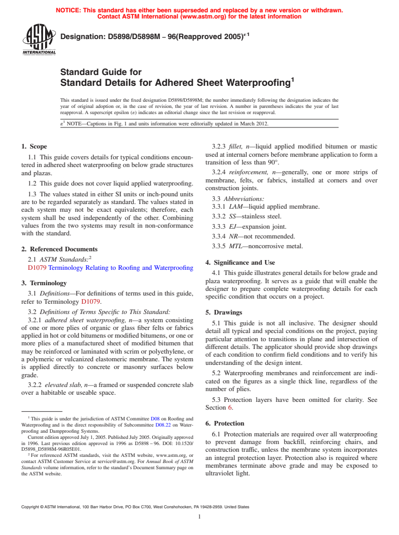 ASTM D5898/D5898M-96(2005)e1 - Standard Guide for Standard Details for Adhered Sheet Waterproofing