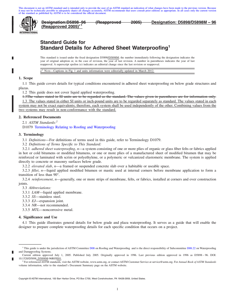 REDLINE ASTM D5898/D5898M-96(2005)e1 - Standard Guide for Standard Details for Adhered Sheet Waterproofing