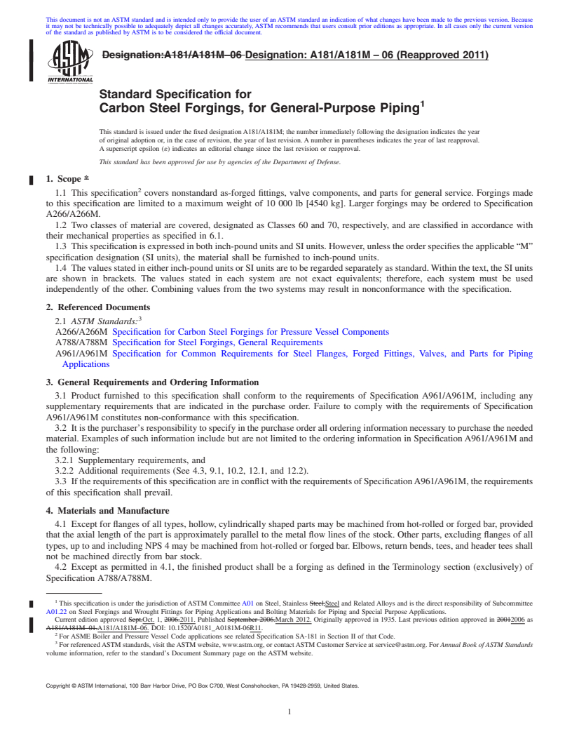 REDLINE ASTM A181/A181M-06(2011) - Standard Specification for  Carbon Steel Forgings, for General-Purpose Piping