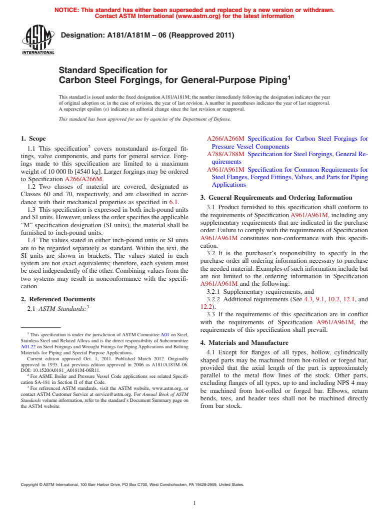 ASTM A181/A181M-06(2011) - Standard Specification for  Carbon Steel Forgings, for General-Purpose Piping