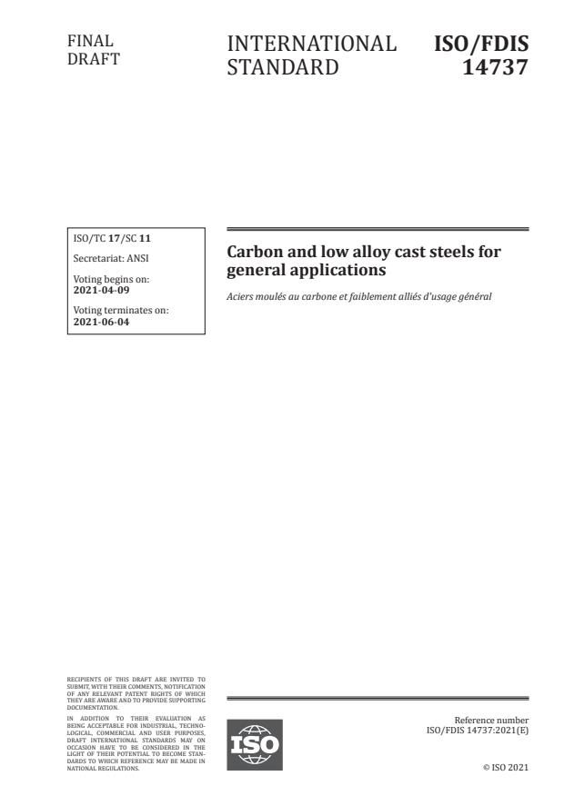ISO/FDIS 14737:Version 10-apr-2021 - Carbon and low alloy cast steels for general applications