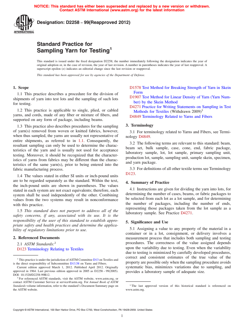 ASTM D2258-99(2012) - Standard Practice for  Sampling Yarn for Testing