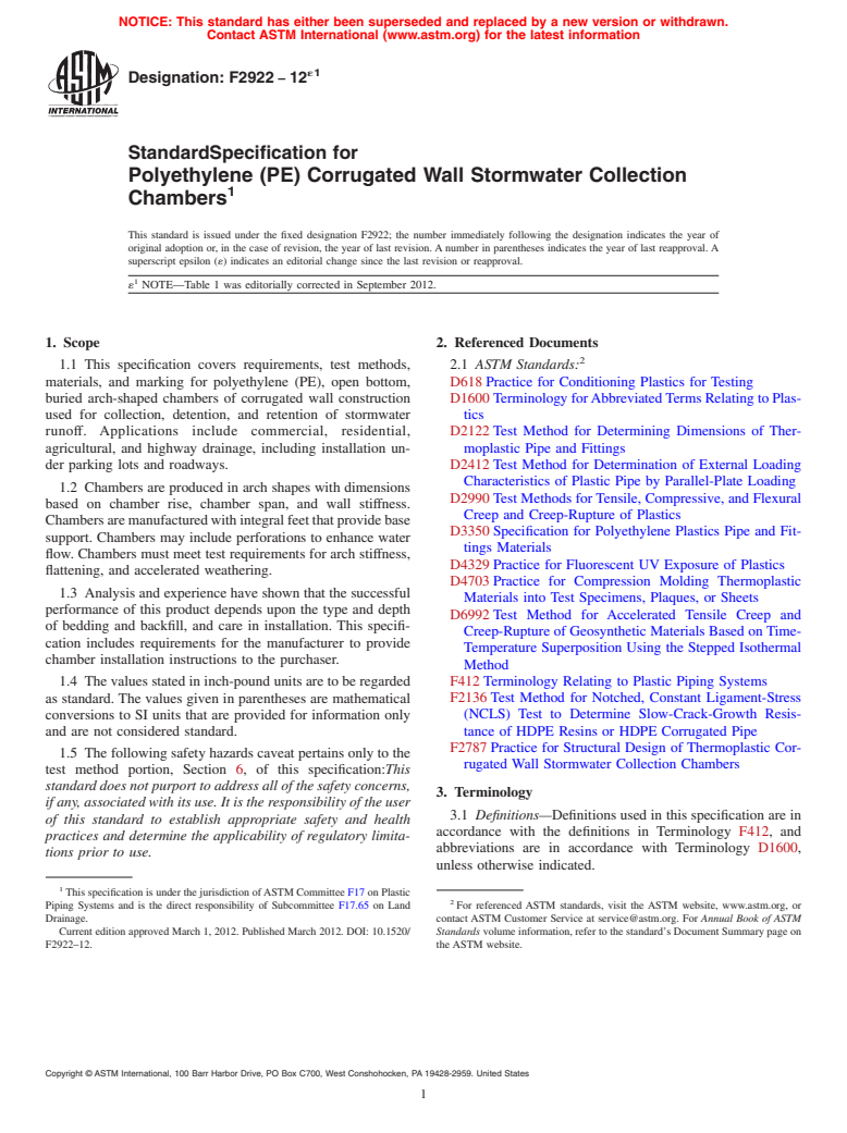 ASTM F2922-12 - Standard Specification for Polyethylene (PE) Corrugated Wall Stormwater Collection Chambers