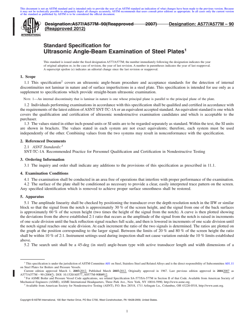 REDLINE ASTM A577/A577M-90(2012) - Standard Specification for  Ultrasonic Angle-Beam Examination of Steel Plates