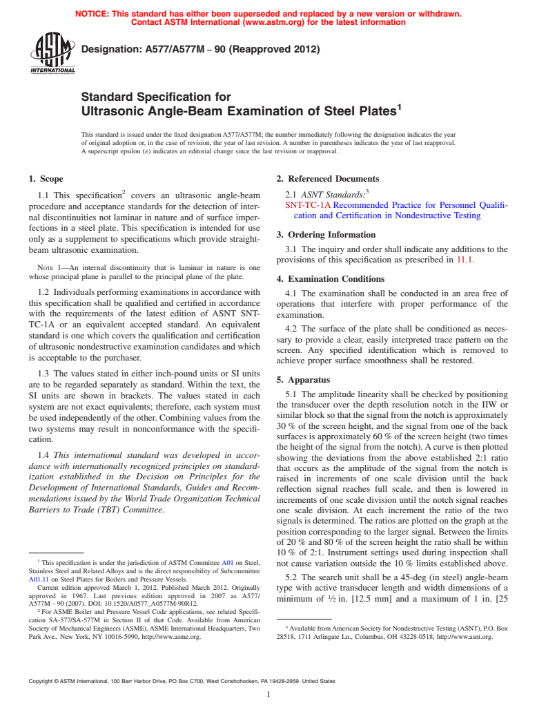 ASTM A577/A577M-90(2012) - Standard Specification for  Ultrasonic Angle-Beam Examination of Steel Plates