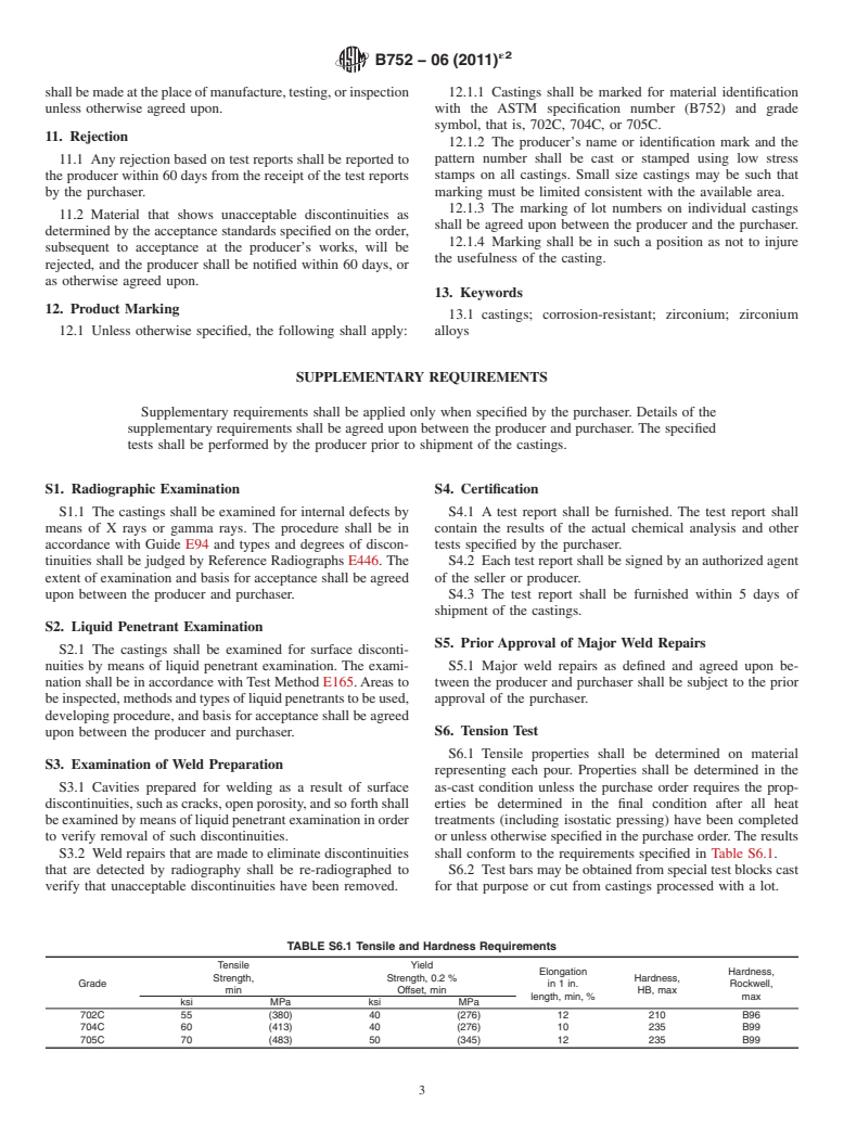 ASTM B752-06(2011)e2 - Standard Specification for  Castings, Zirconium-Base, Corrosion Resistant, for General Application