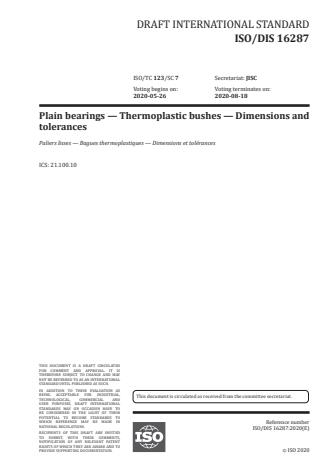 Iso Fdis 16287 - Plain Bearings -- Thermoplastic Bushes -- Dimensions 