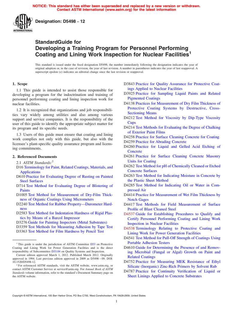 ASTM D5498-12 - Standard Guide for  Developing a Training Program for Personnel Performing Coating and Lining Work    Inspection for Nuclear  Facilities