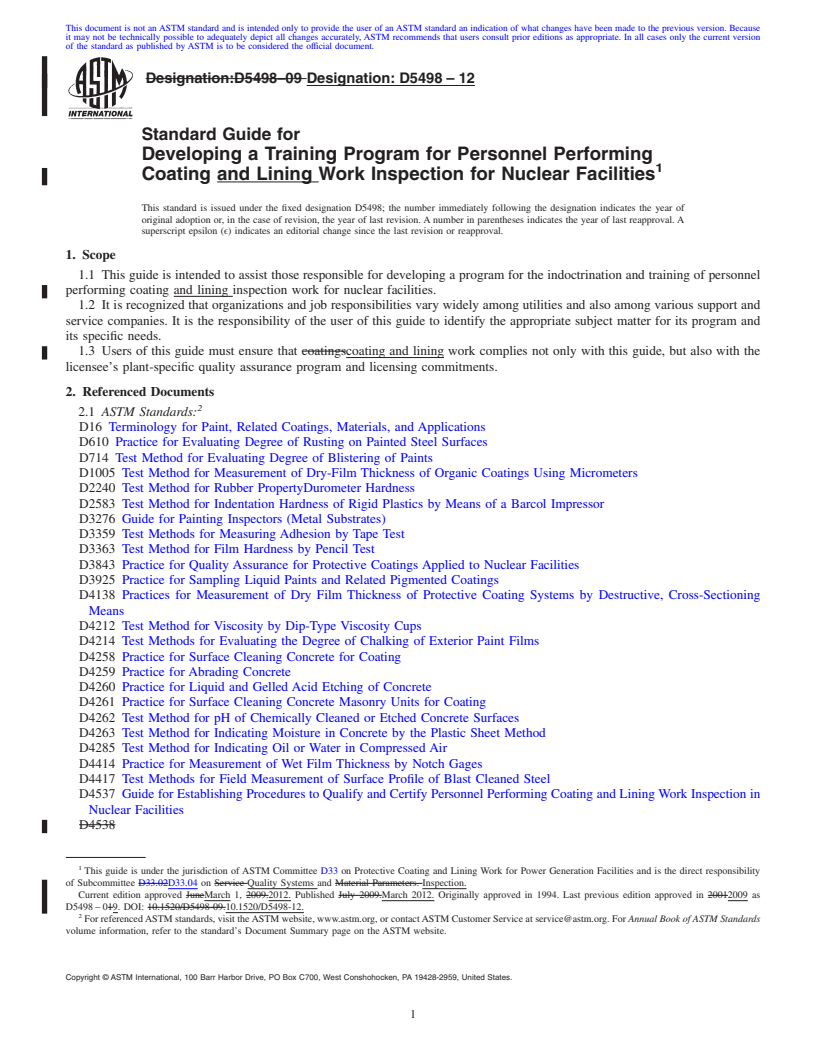 REDLINE ASTM D5498-12 - Standard Guide for  Developing a Training Program for Personnel Performing Coating and Lining Work    Inspection for Nuclear  Facilities