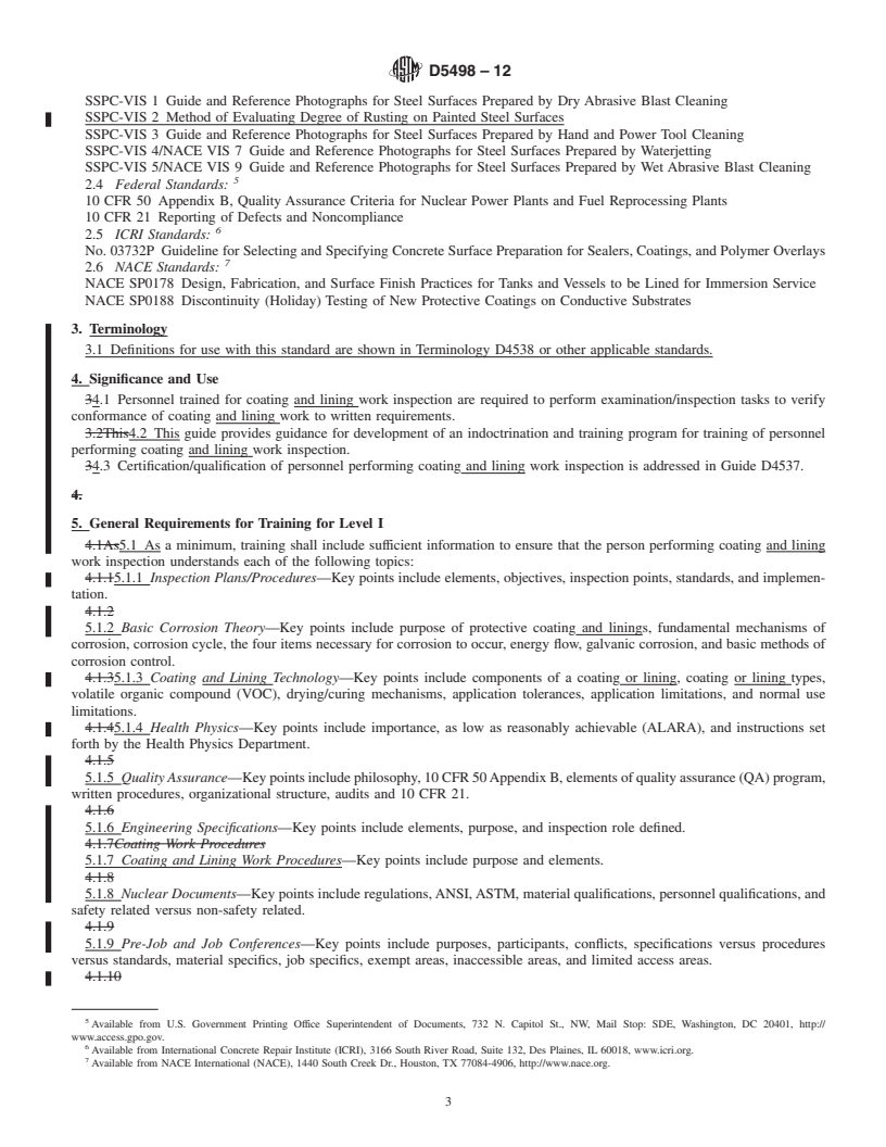 REDLINE ASTM D5498-12 - Standard Guide for  Developing a Training Program for Personnel Performing Coating and Lining Work    Inspection for Nuclear  Facilities