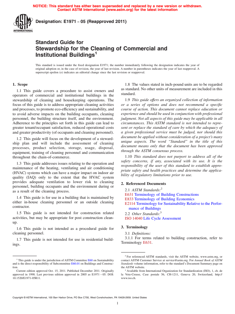 ASTM E1971-05(2011) - Standard Guide for Stewardship for the Cleaning of Commercial and Institutional Buildings