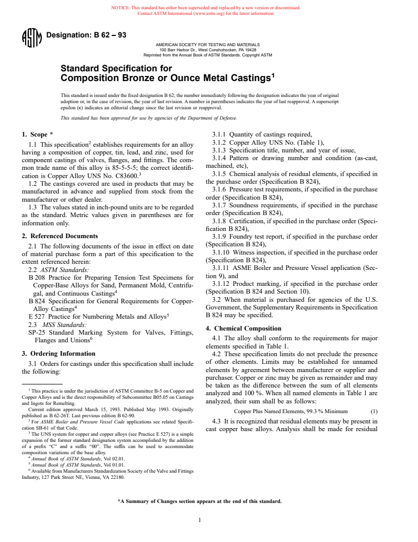 ASTM B62-93 - Standard Specification for Composition Bronze or Ounce Metal Castings (Withdrawn 2002)