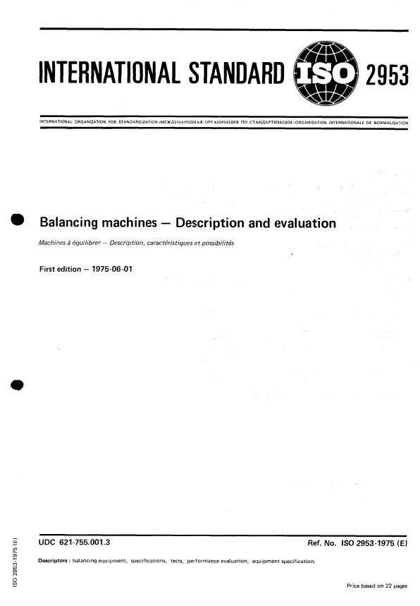 ISO 2953:1975 - Balancing machines -- Description and evaluation