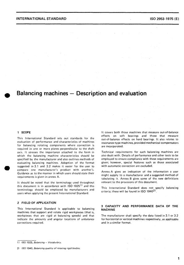 ISO 2953:1975 - Balancing machines -- Description and evaluation