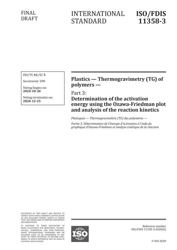 ISO/FDIS 11358-3:Version 24-okt-2020 - Plastics -- Thermogravimetry (TG) of polymers