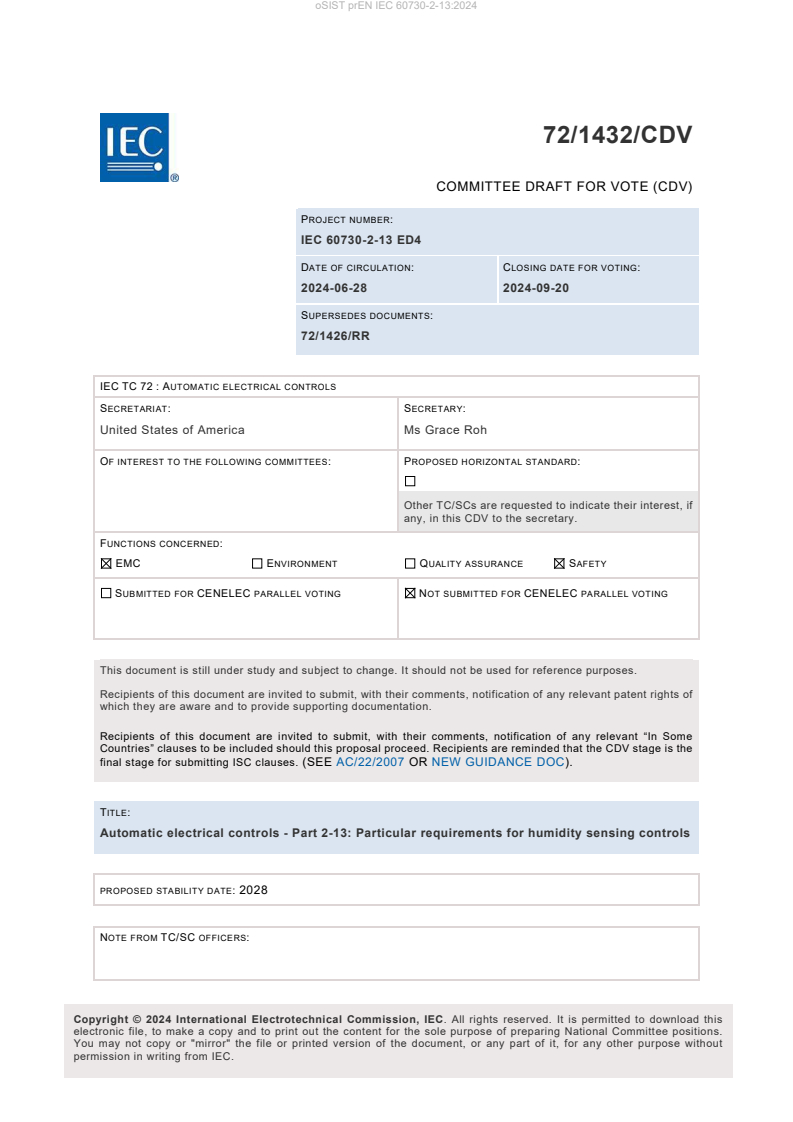 prEN IEC 60730-2-13:2024