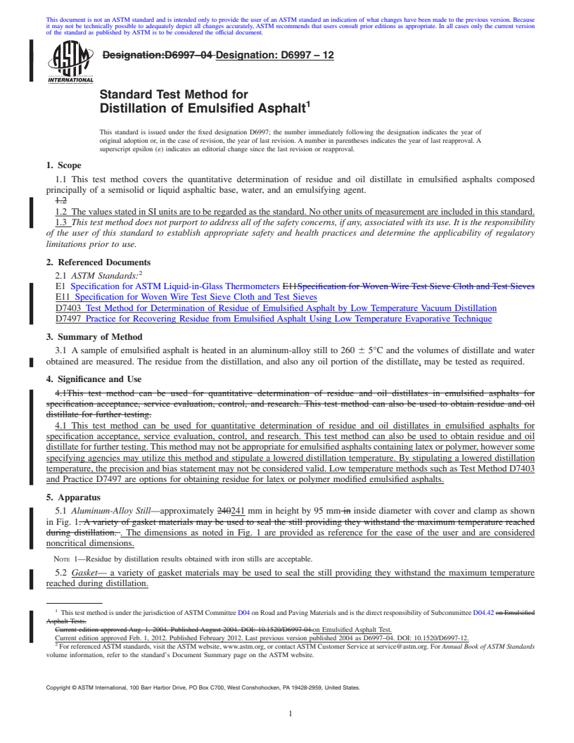 REDLINE ASTM D6997-12 - Standard Test Method for Distillation of Emulsified Asphalt