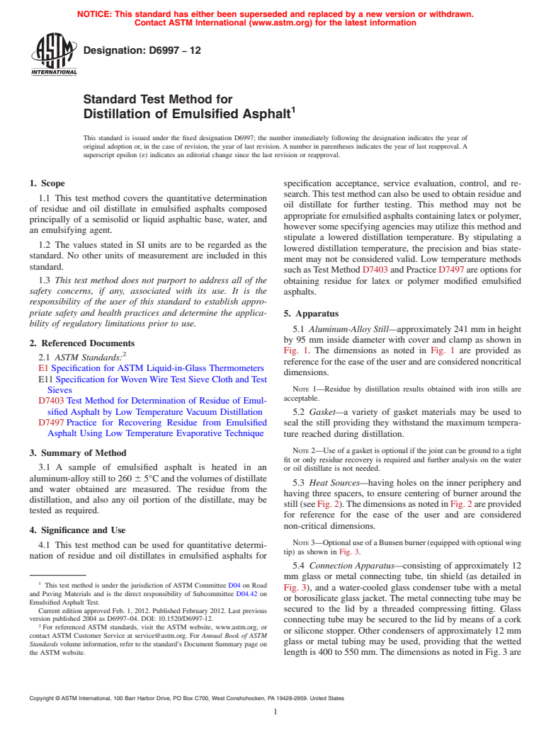 ASTM D6997-12 - Standard Test Method for Distillation of Emulsified Asphalt